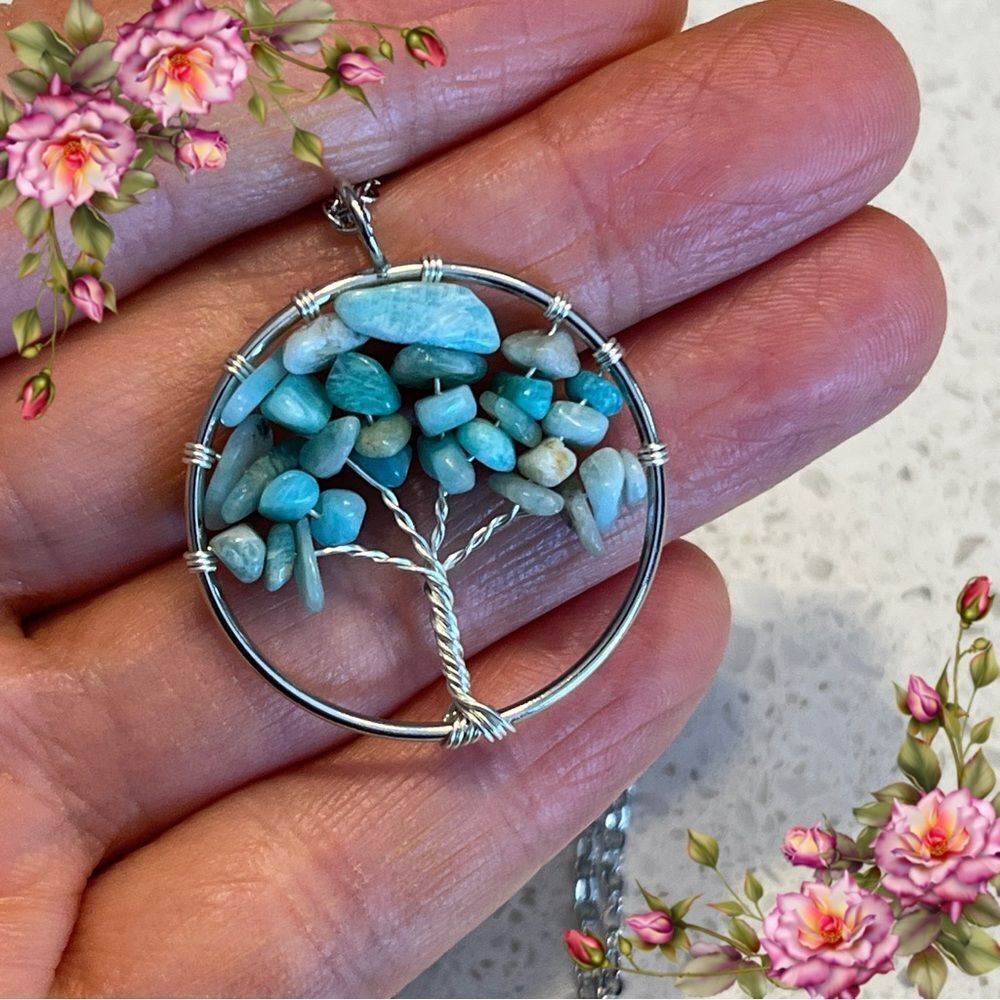 Crushed Stone Silver Color Tree Of Life‎ Necklace